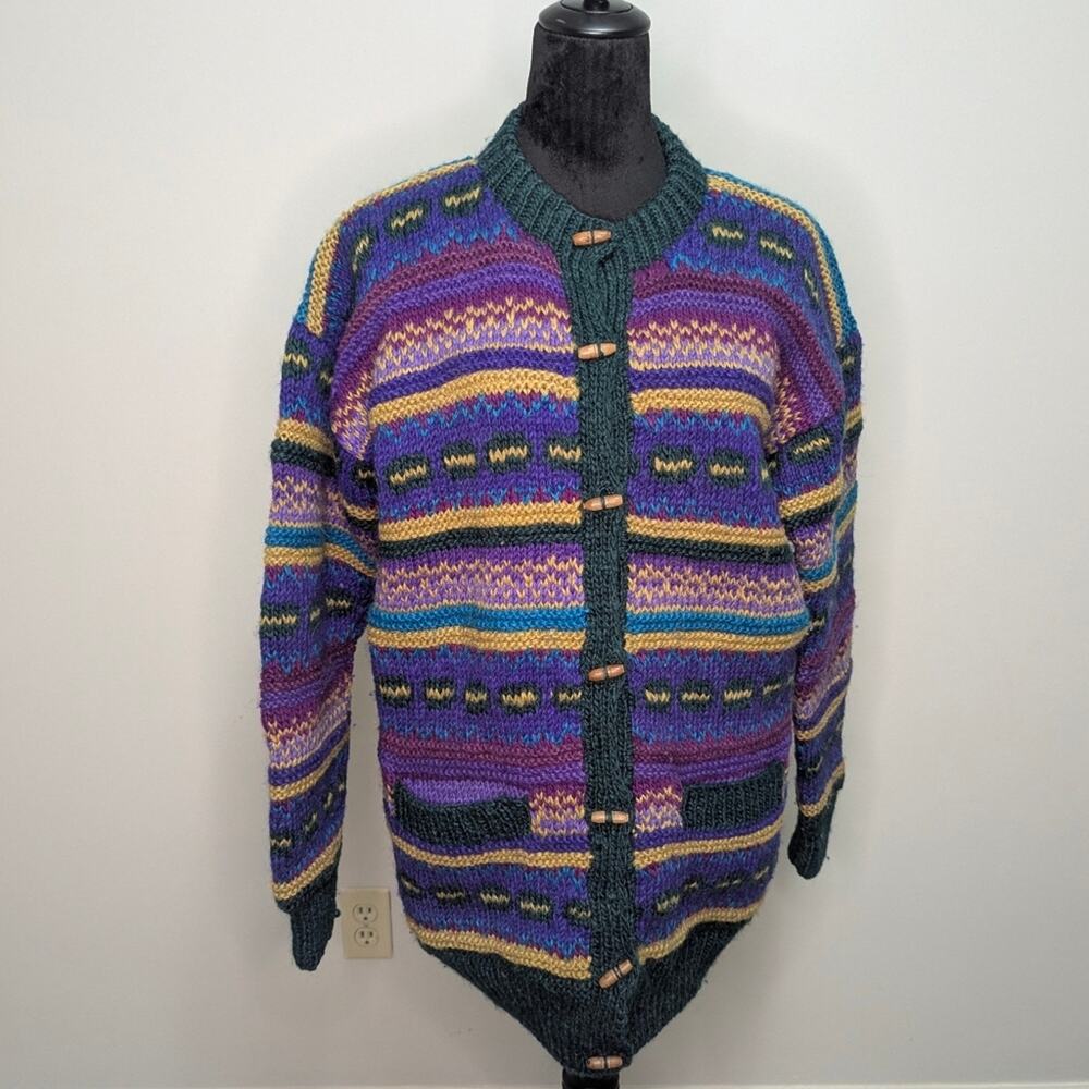 Vtg Lost horizons hand woven wool unisex button up sweater sz L colorful striped